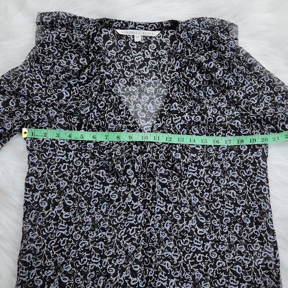 Veronica Beard -561 Silk Buttoned Ruffle Blouse Long Sleeve Navy and Gold Size 6 - Picture 10 of 12